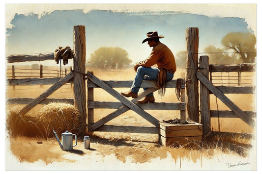 Painting of a cowboy sitting on a fence post in a rural setting.