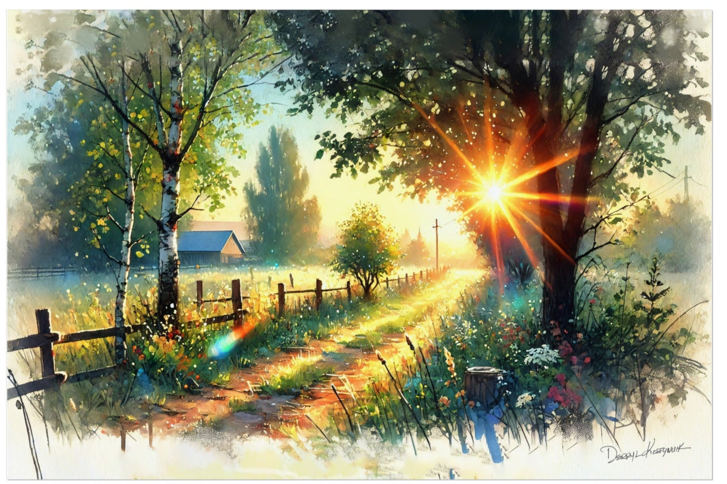 Surreal landscape with a sunburst, trees, and a fence in the foreground.