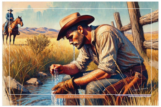 Cowboy by a stream with another cowboy on horseback in the background