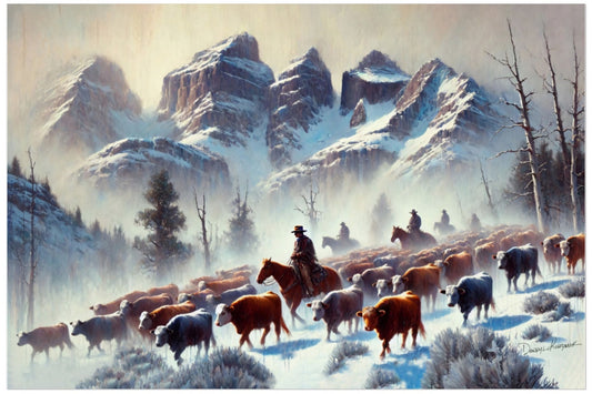 Painting of cowboys on horses with cattle in a snowy mountain landscape