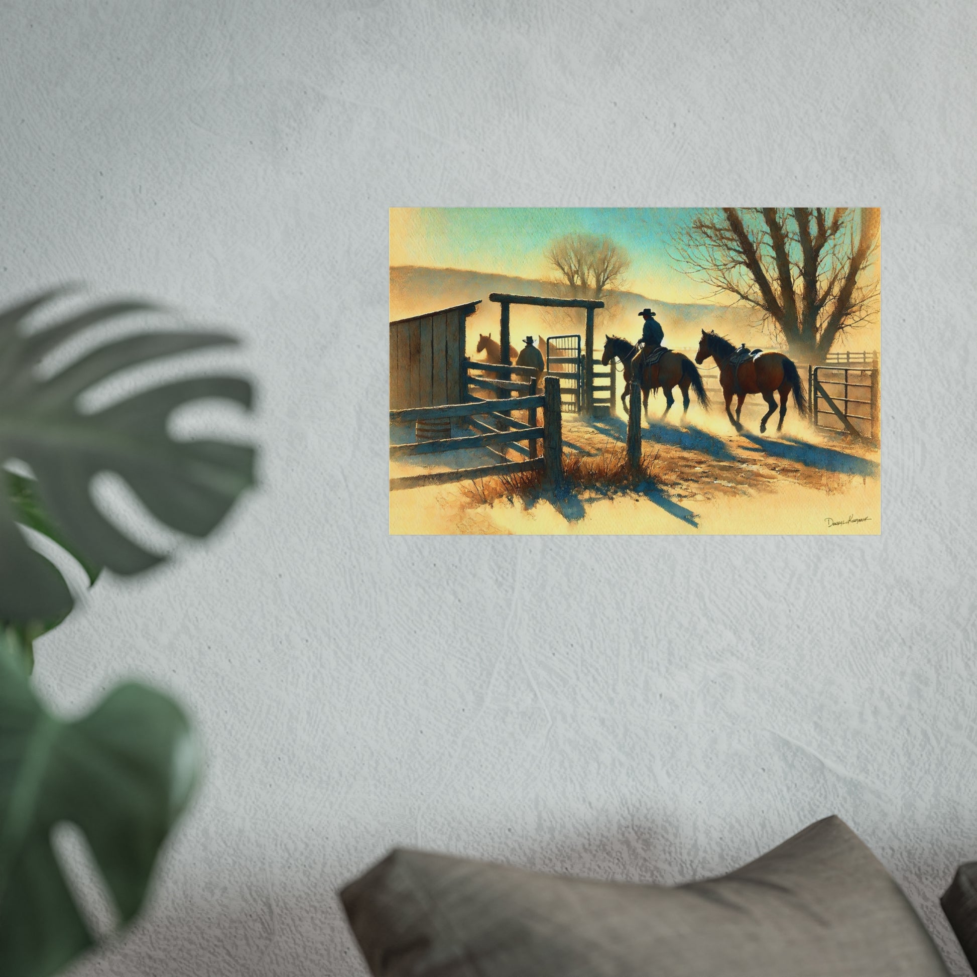Painting of a cowboy with horses near a wooden gate on a wall.