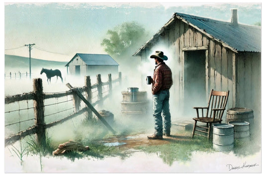 Painting of a cowboy standing by a wooden cabin with a horse in the background.