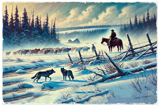 Winter landscape with a cowboy, horse and rider, two wolves, and a herd of cattle.