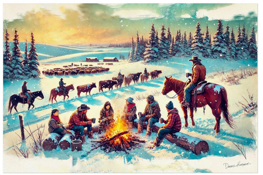 Winter scene with cowboys around a campfire and horses in a snowy landscape.