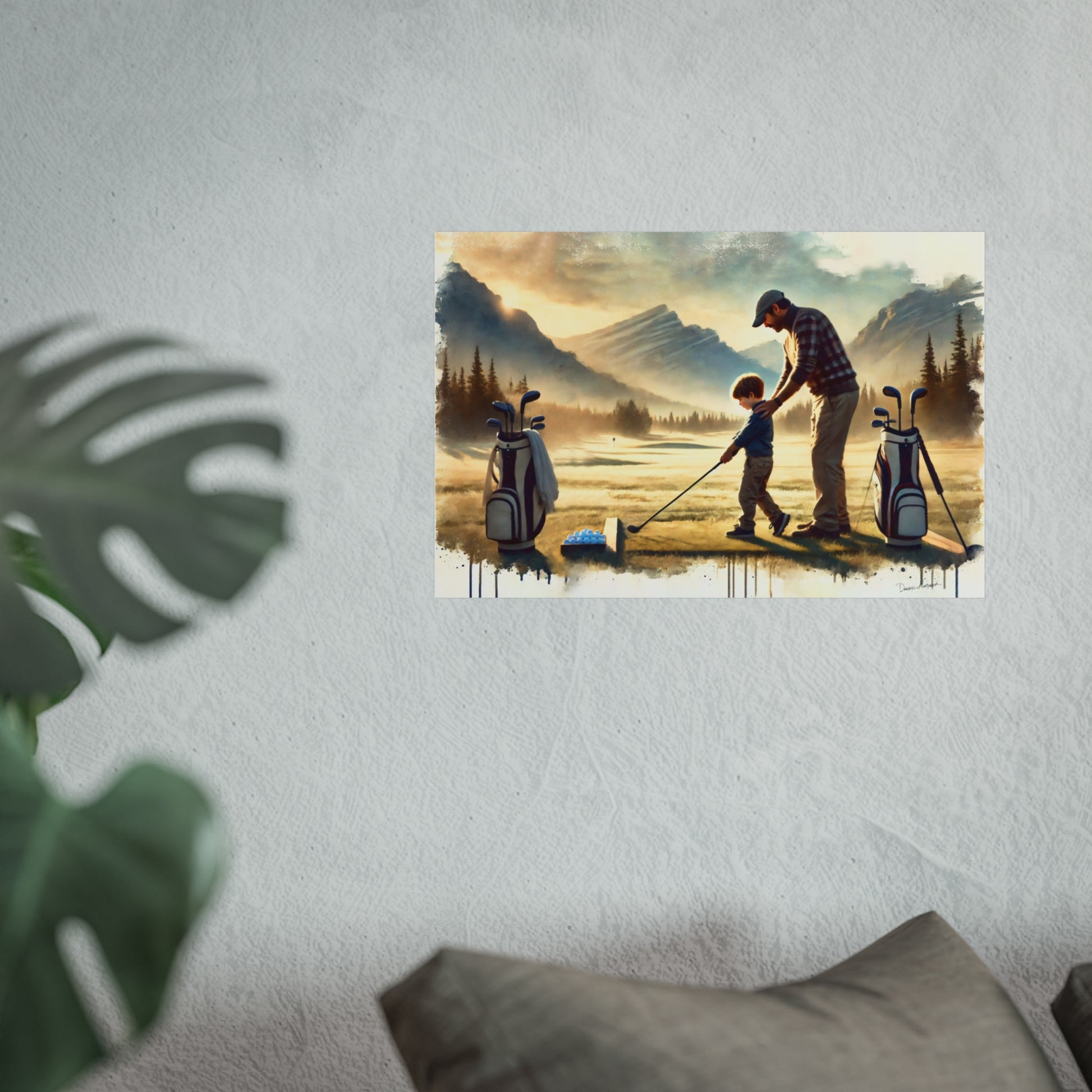 Fine art print of a man and child playing golf with mountains in the background on a textured wall.