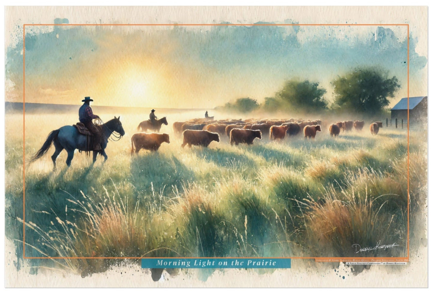 Scenic painting of cowboys on horseback herding cattle with a sunrise or sunset in the background.