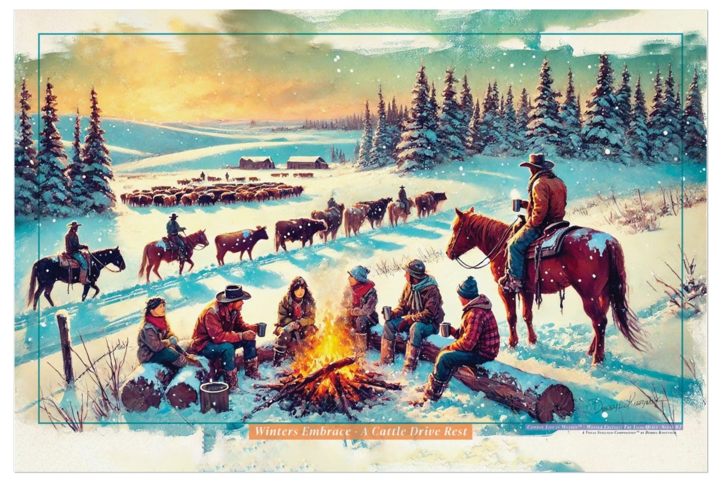 Winter scene with cowboys around a campfire and horses in the snow.