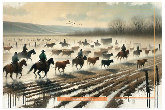 Painting of cowboys on horses with cattle in a field, likely from the Old West era.