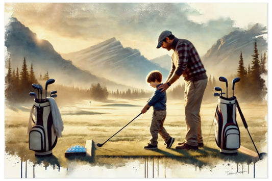 Man and child with golf clubs on a dock with mountains in the background