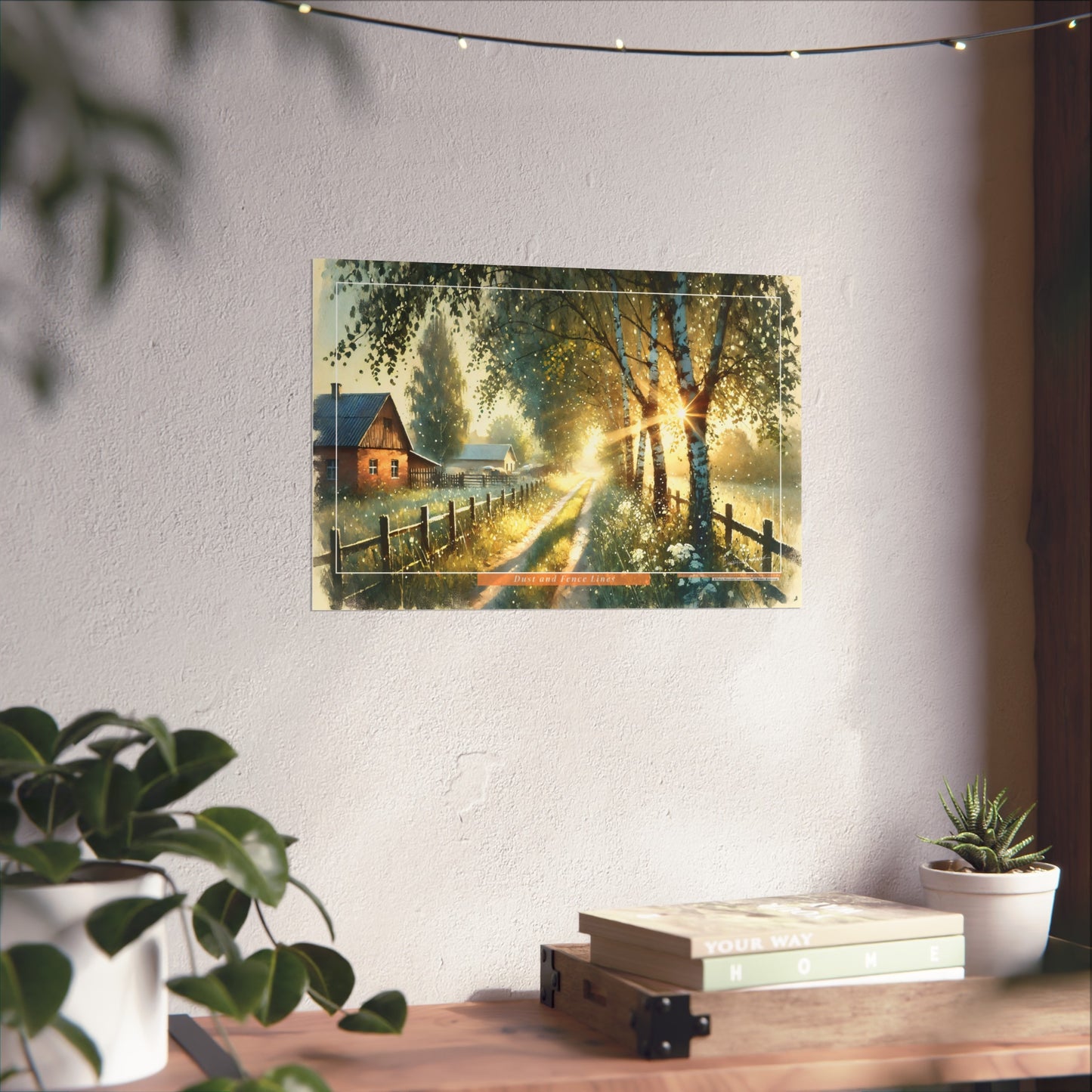 Framed artwork of a scenic landscape with a house and trees on a wall above a desk.
