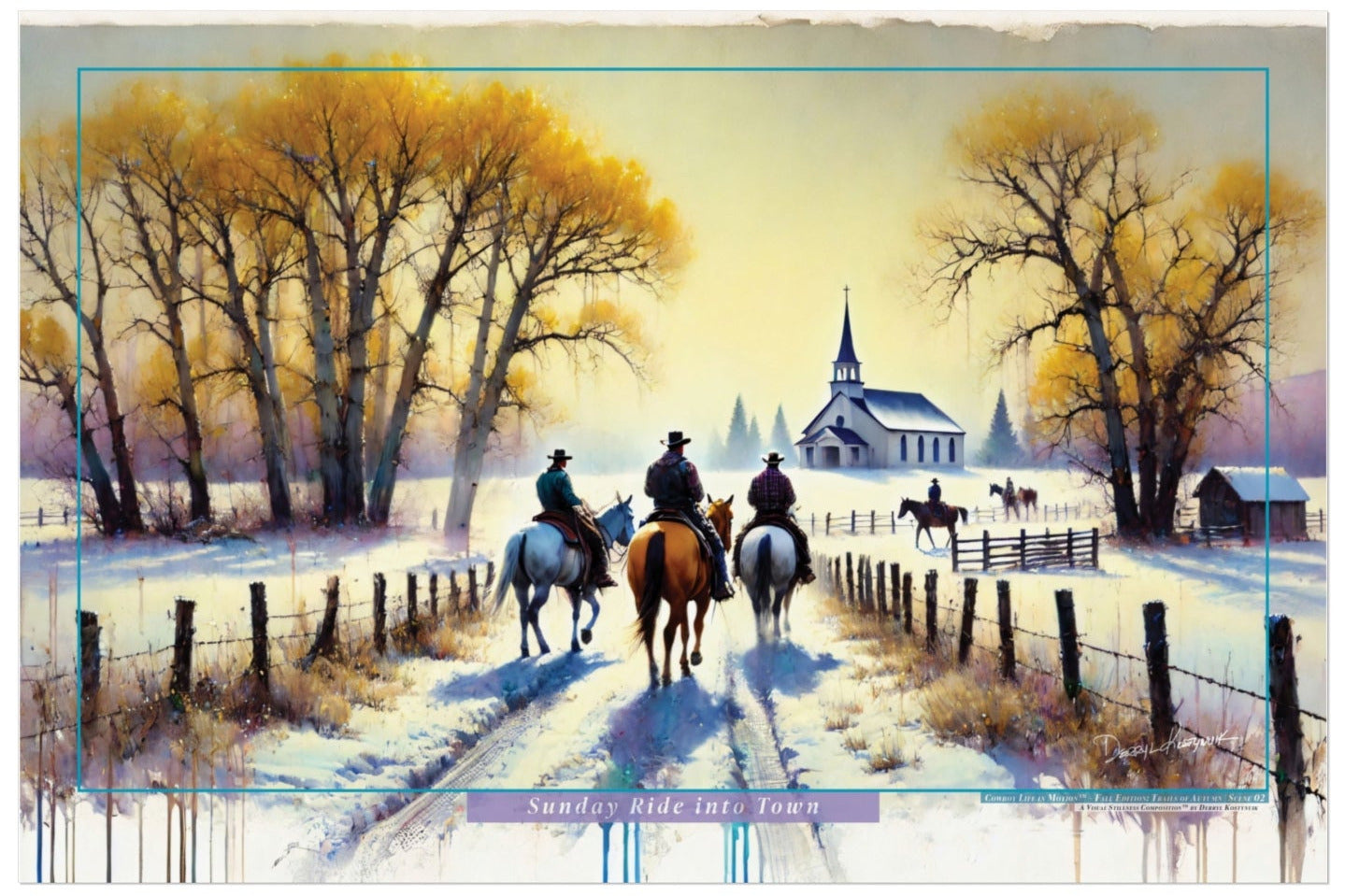 Winter scene with cowboys on horseback walking towards a church.