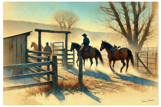 Painting of cowboys on horseback near a wooden gate in a rural setting.