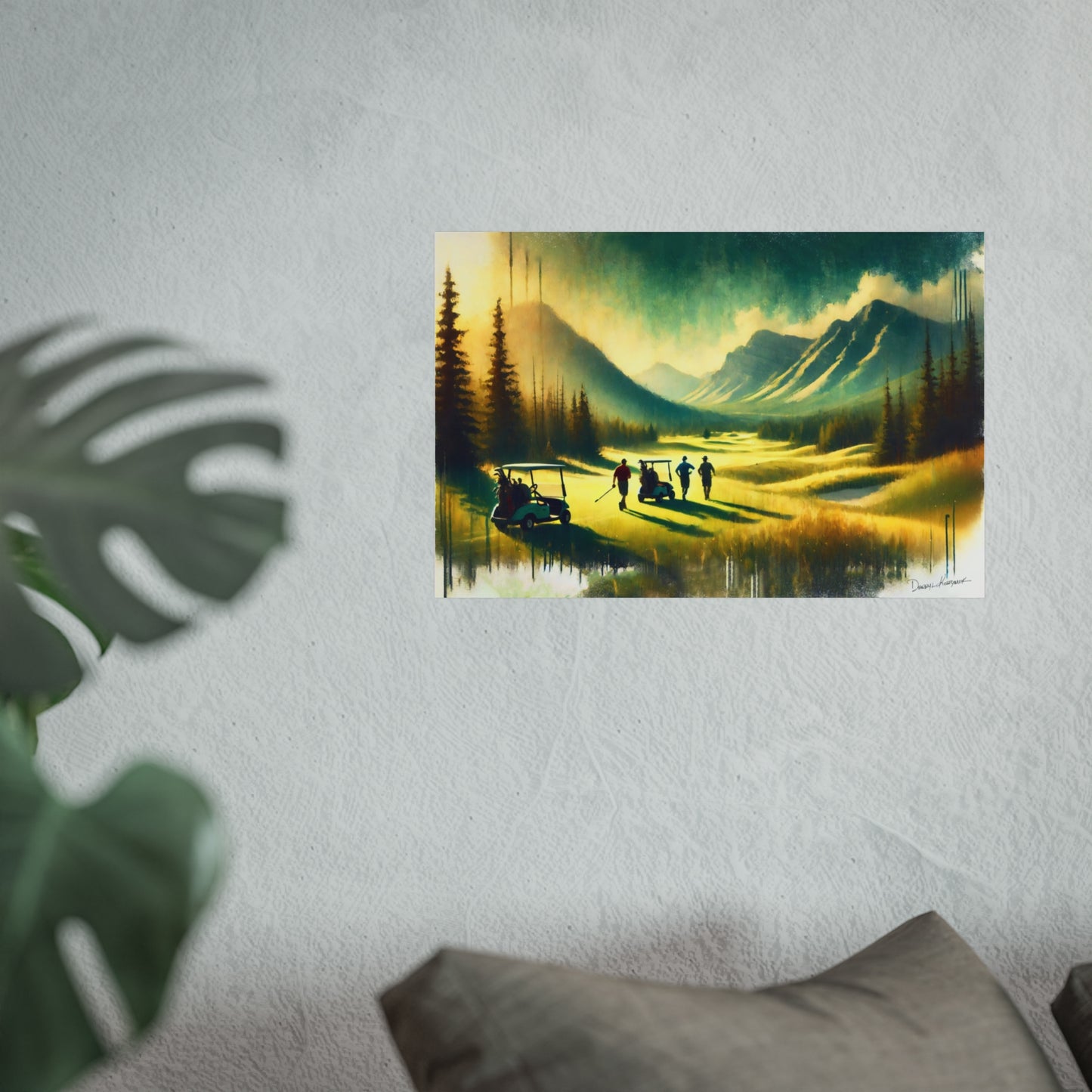 Poster of a mountain landscape with people on a grassy field, hanging on a textured wall.