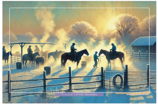 Painting of cowboys on horses in a misty ranch setting with a fence and trees in the background.