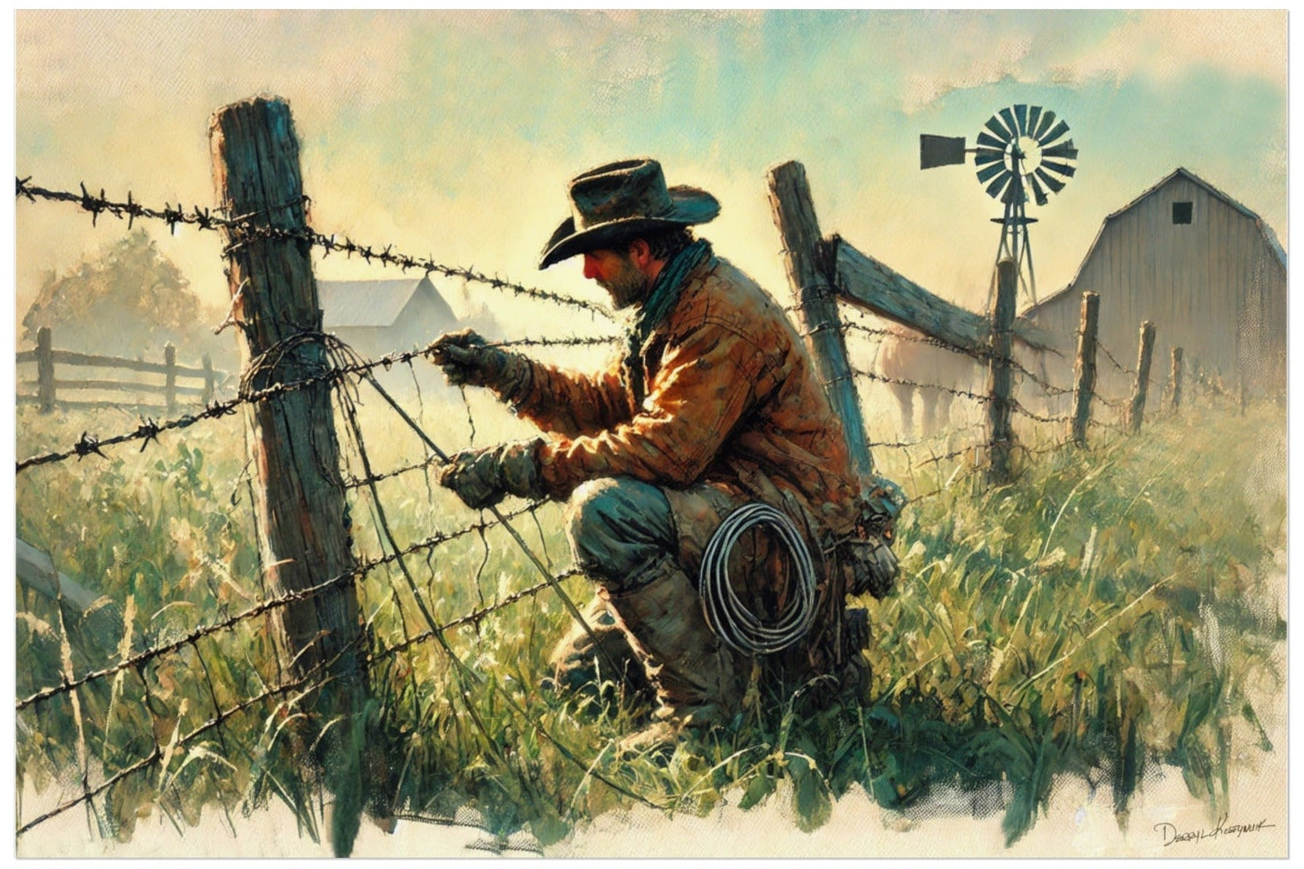 Painting of a cowboy repairing a barbed wire fence with a windmill and barn in the background.