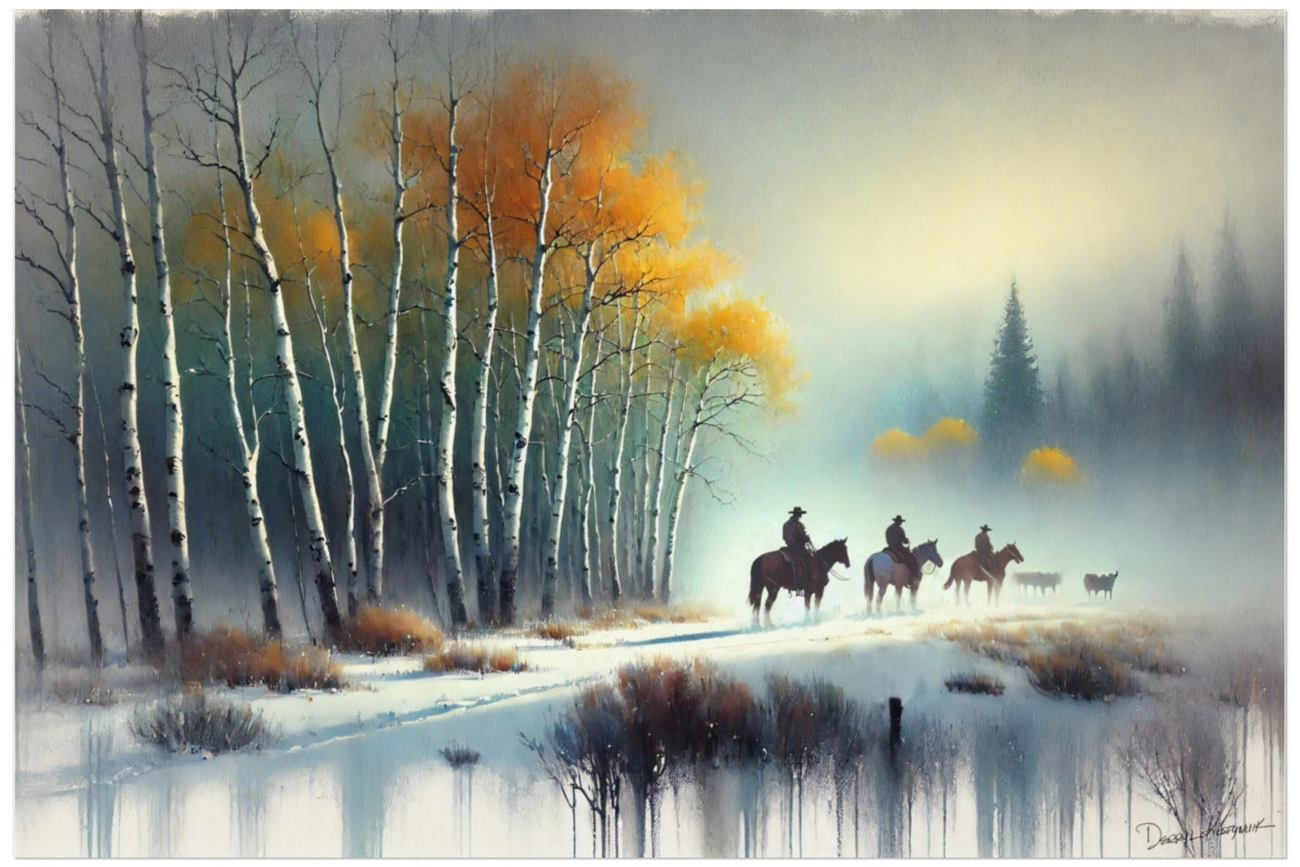 Painting of a snowy landscape with trees and cowboys on horseback.