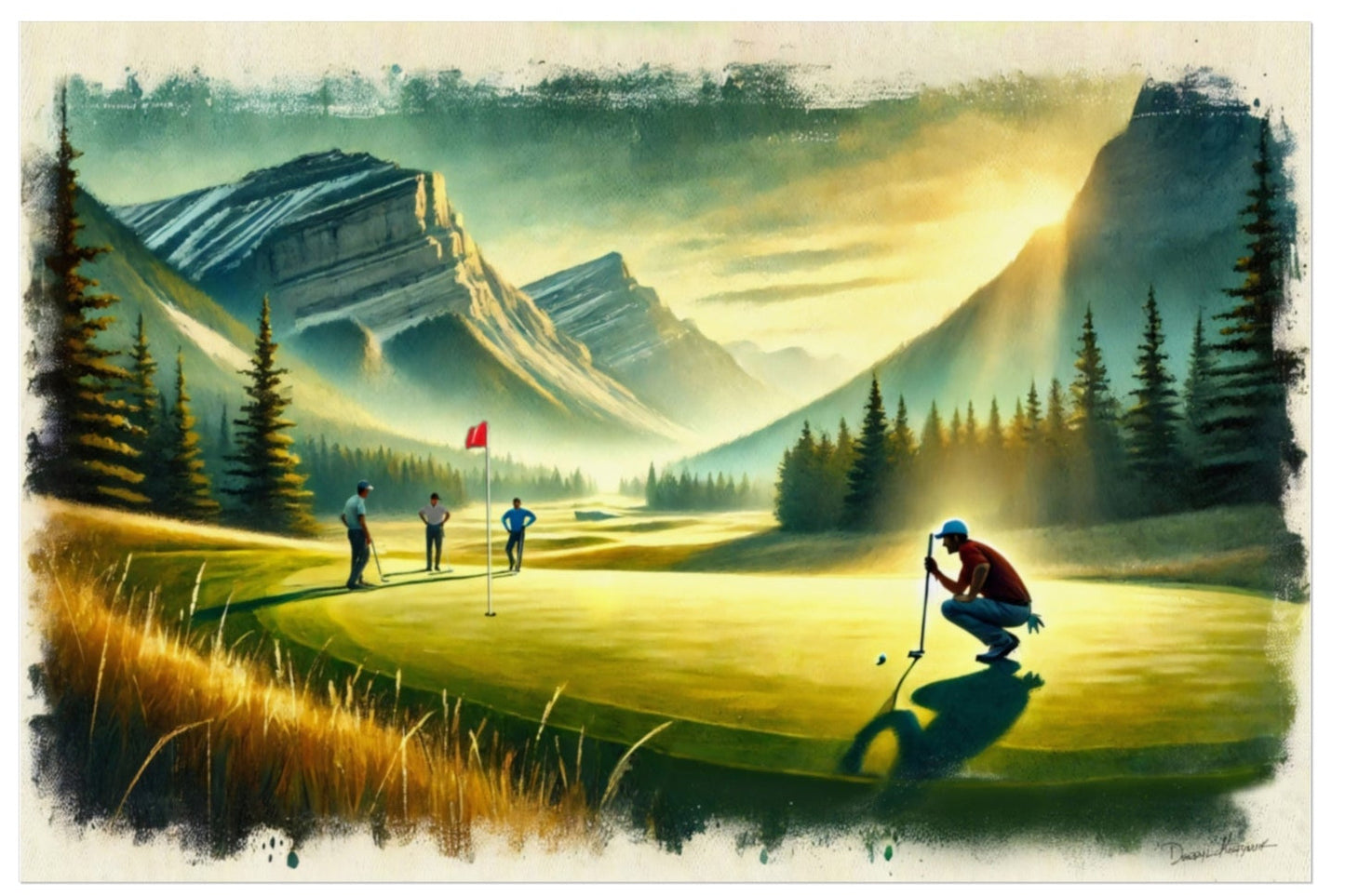 Golfers on a scenic golf course with mountains in the background