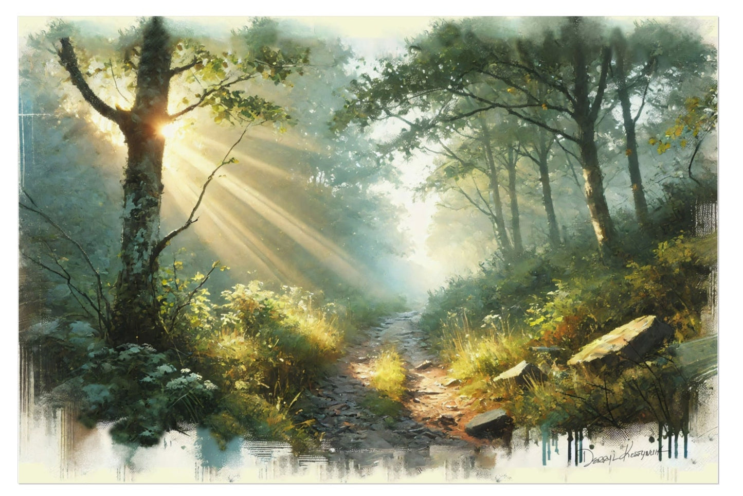 Misty forest scene with sunlight filtering through trees