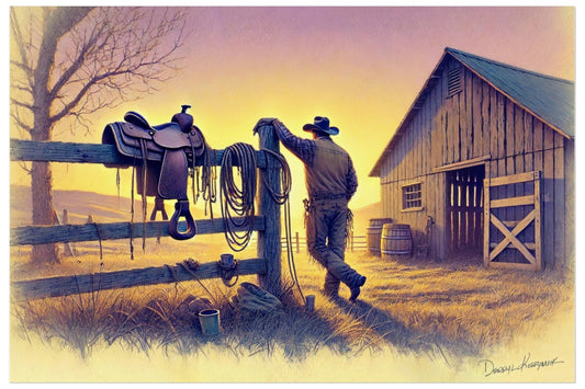 Cowboy preparing for a ride with a horse saddle and rope near a barn at sunset.