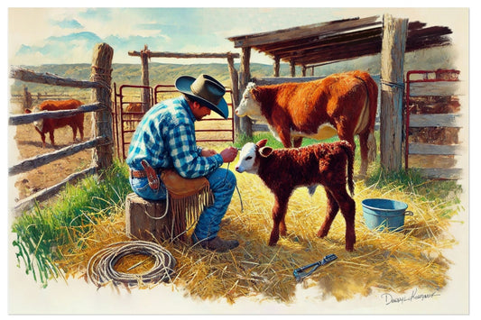Painting of a cowboy tending to a calf in a barnyard setting.