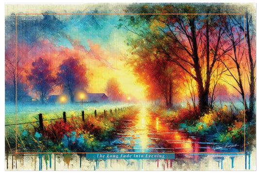 Colorful landscape painting of a sunset over a field with trees and a fence.