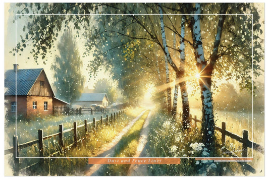 Scenic painting of a cabin in the woods with a path leading to it, sunbeams through trees.