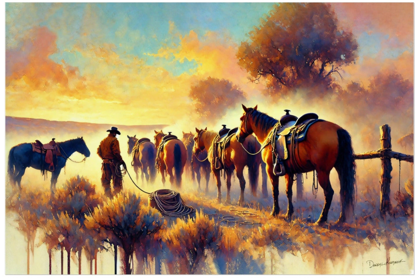 Painting of cowboys with horses at sunset