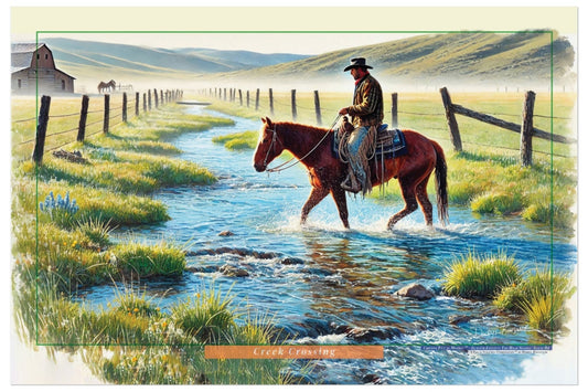 Painting of a cowboy on a horse crossing a stream in a rural landscape.