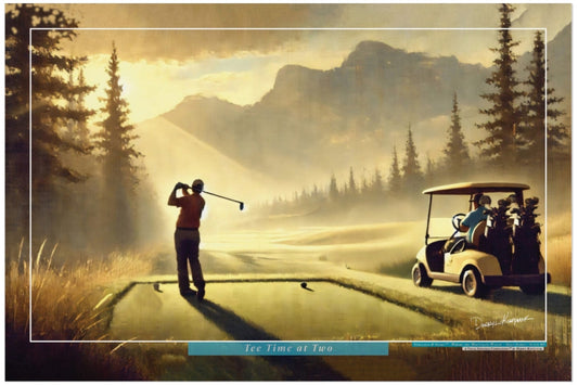 Golf scene with a player and cart on a golf course with mountains in the background