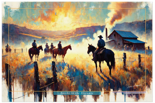 Painting of cowboys on horseback with a sunset and barn in the background