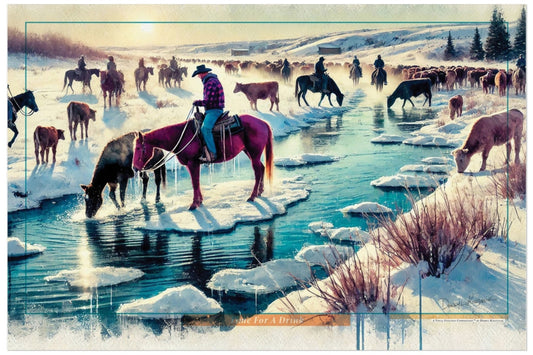 Winter scene with cowboyson horseback and animals near a frozen lake.