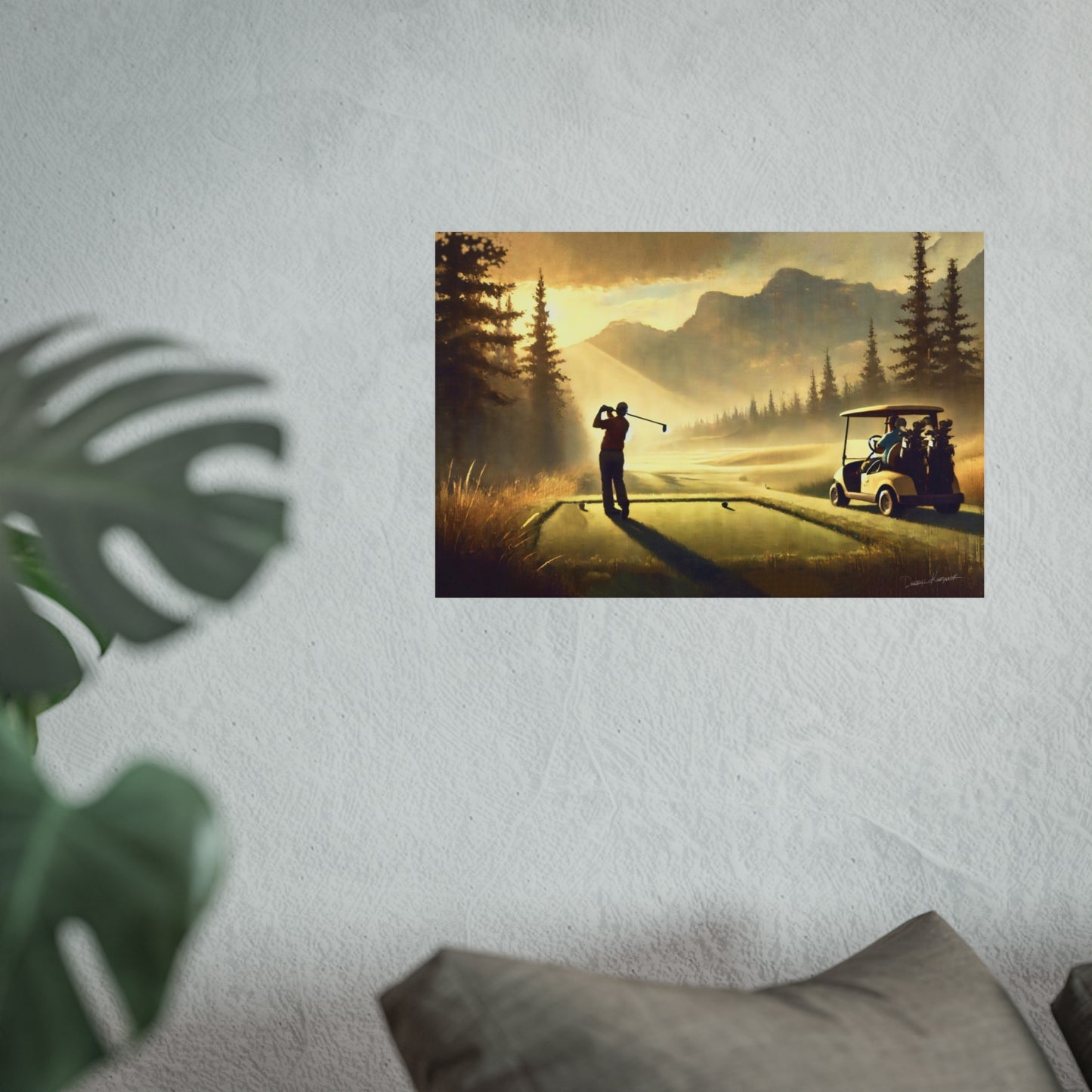 Giclee print of a golf scene with a golfer and cart on a wall.