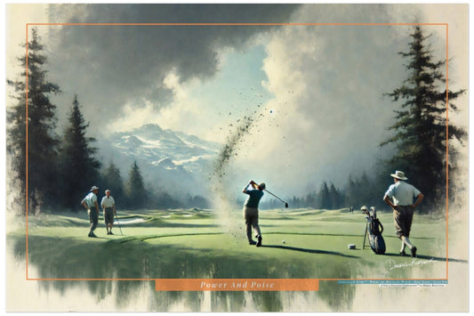 Golf scene with players on a green course with trees and mountains in the background