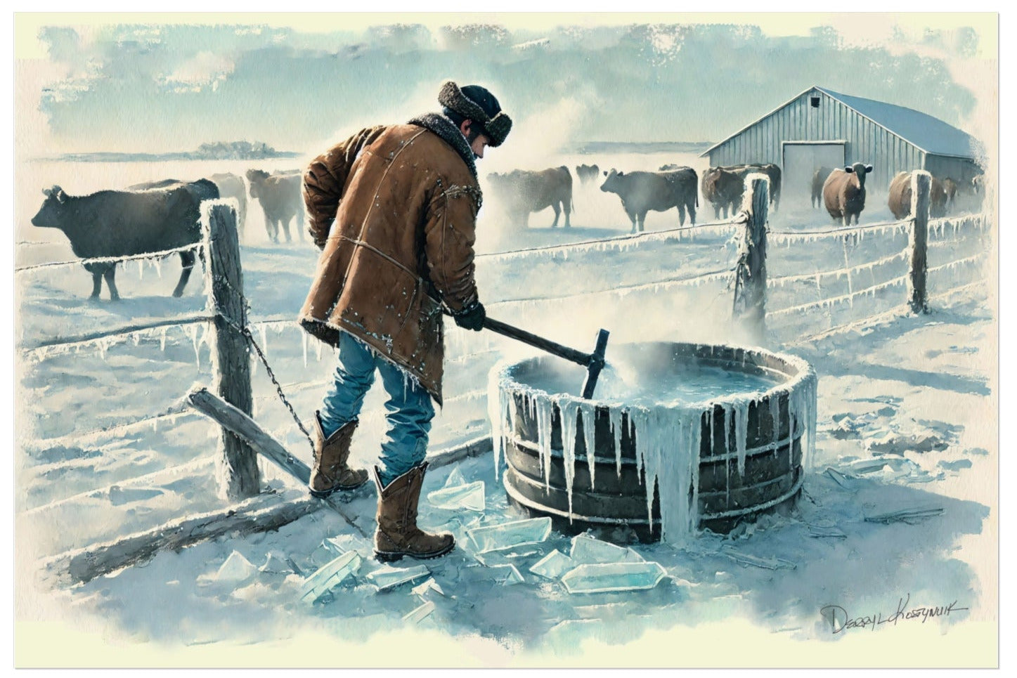 Cowboy in a snowy landscape with cows, using an ax on a barrel.