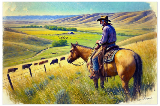 Painting of a cowboy on horseback in a pastoral landscape with cows.