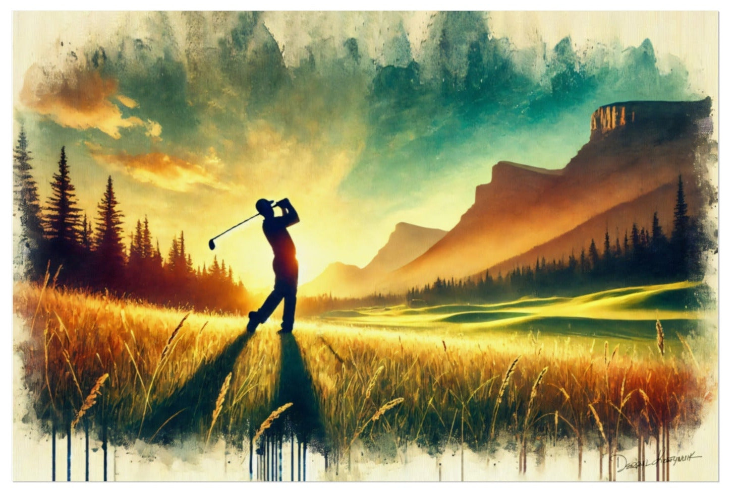 Golfer on a golf course with mountains and trees in the background