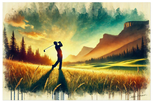 Golfer on a golf course with mountains and trees in the background