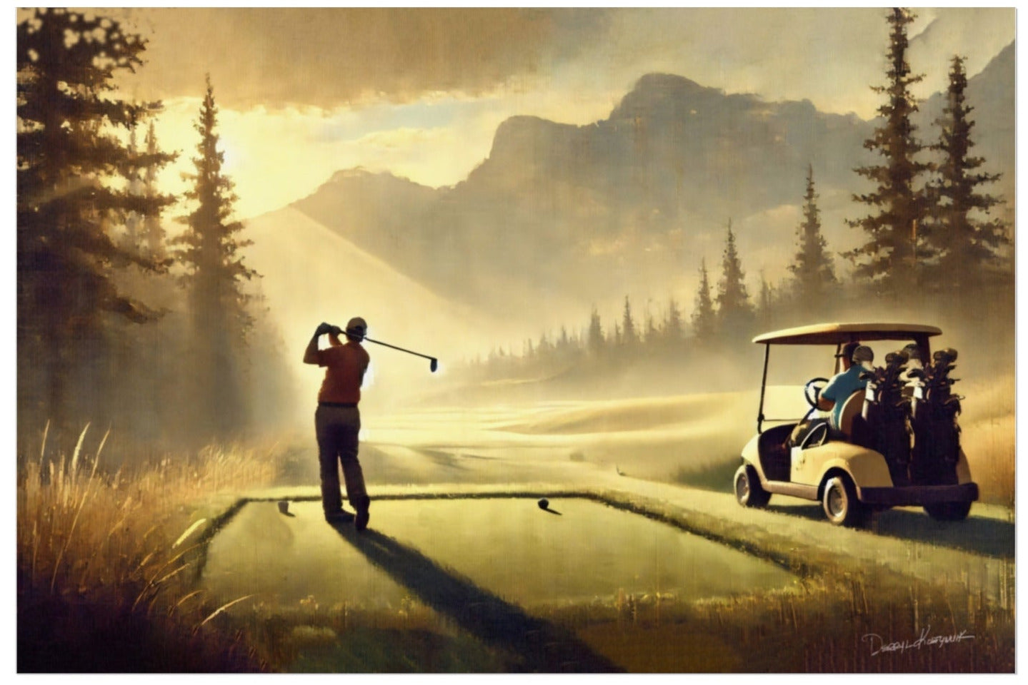 Golf scene with a player and cart on a golf course with mountains in the background