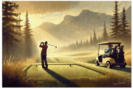 Golf scene with a player and cart on a golf course with mountains in the background