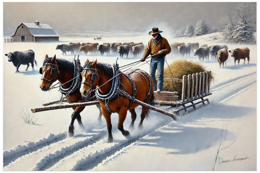 Painting of a Cowboy with two horses pulling a cart loaded with hay, with cows in the background on a snowy day.