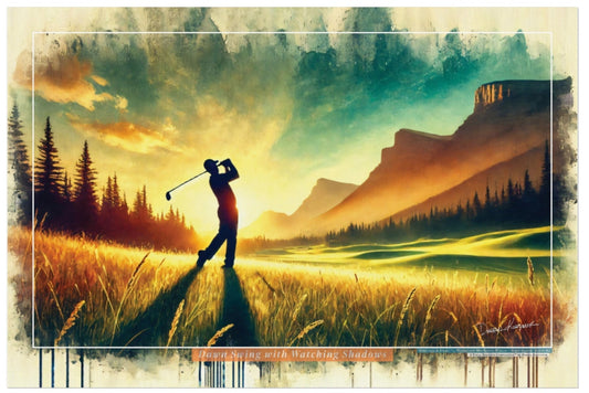 Golf player on a golf course with mountains and trees in the background