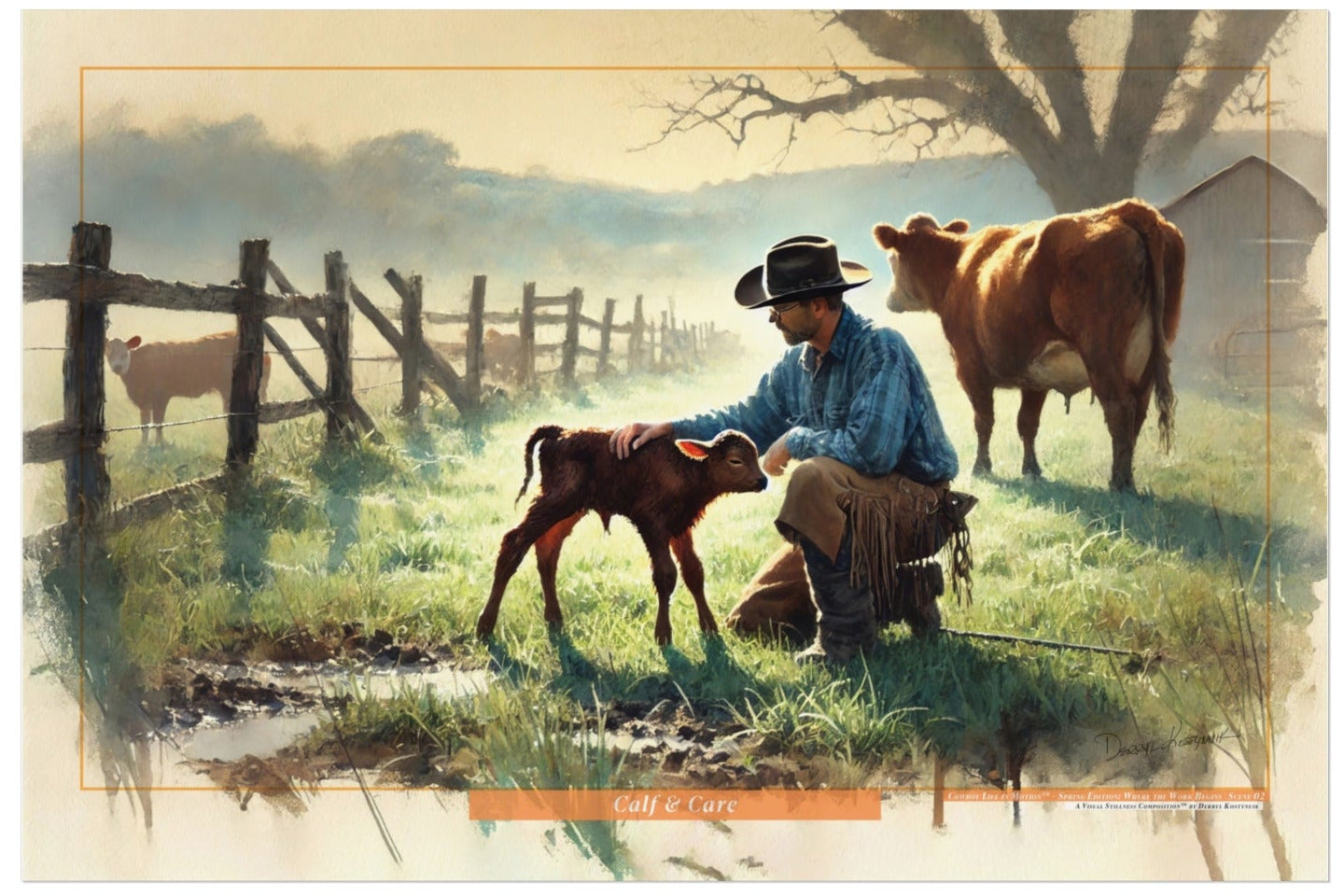 Painting of a cowboy with a cow and calf in a pastoral setting