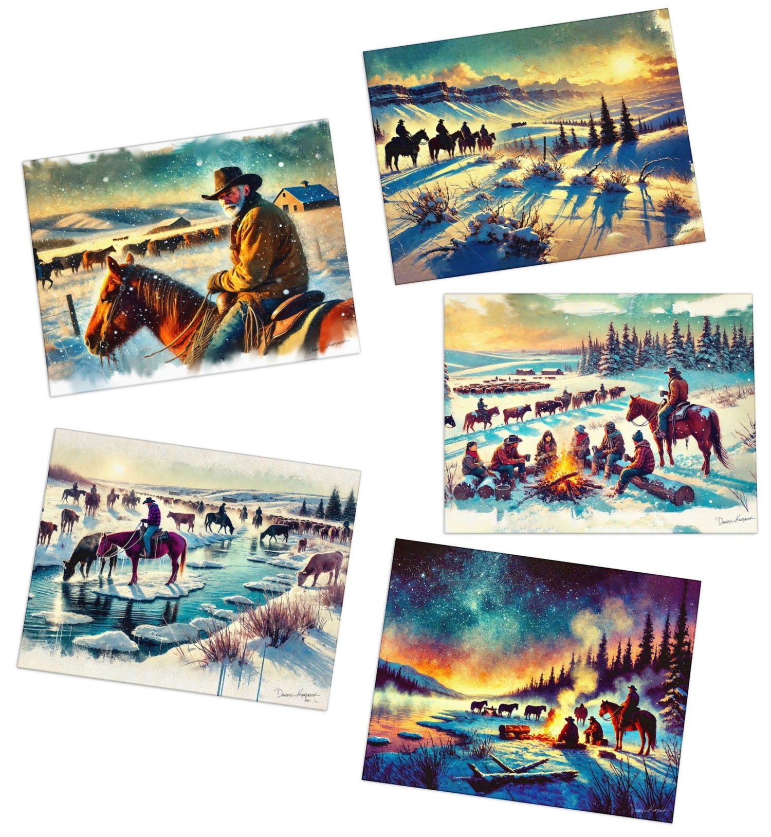 Set of five illustrated cards featuring winter scenes with horses and people.