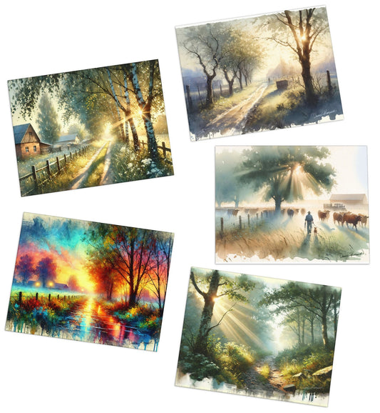 Set of five nature-themed cards with trees and sunlight on a white background