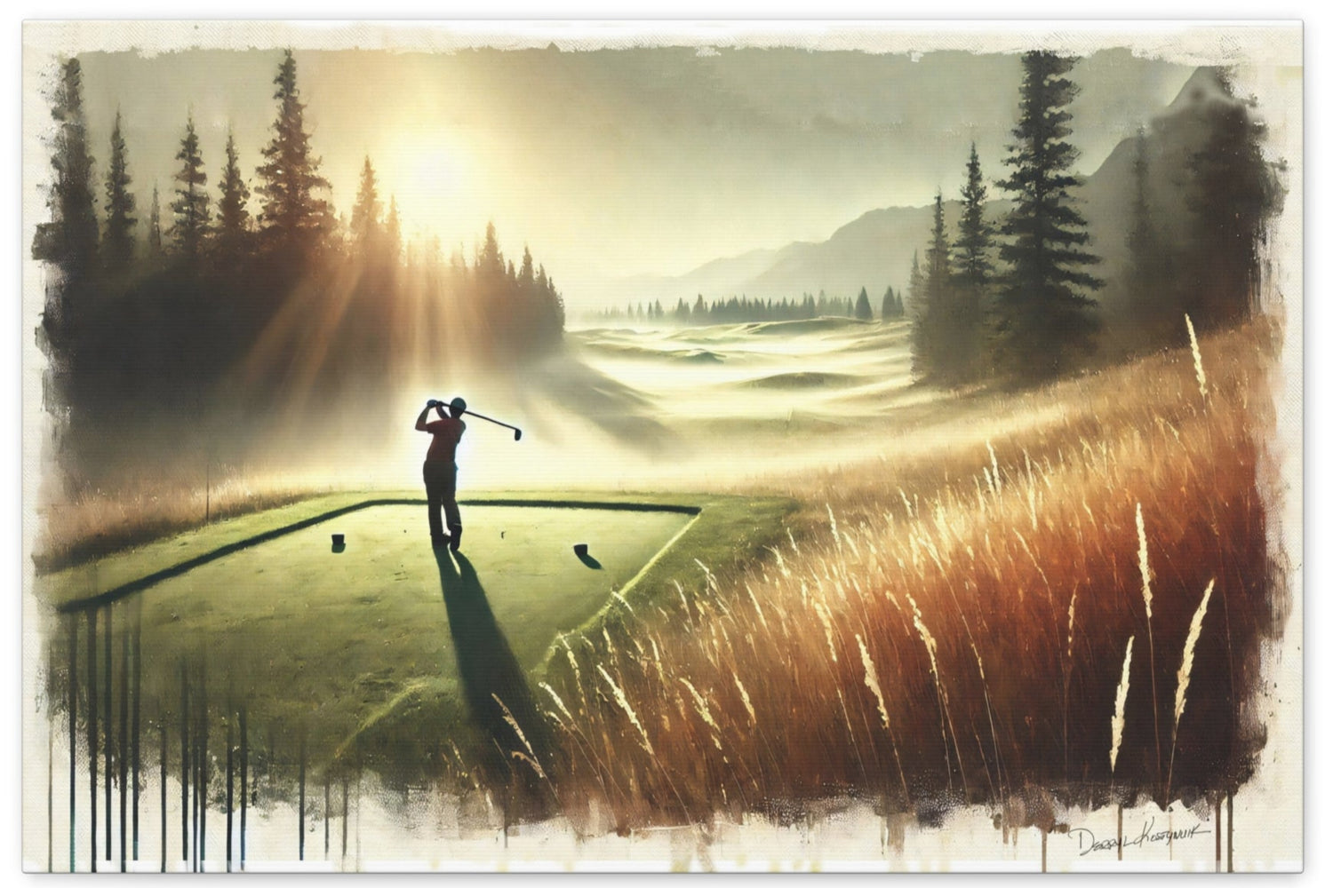 Golf player on a golf course with trees and mountains in the background