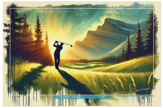 Golfing scene with a golfer on a golf course with mountains and trees in the background