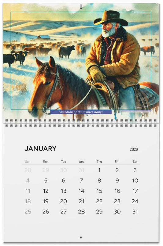 Calendar with a cowboy and horse illustration on a white background