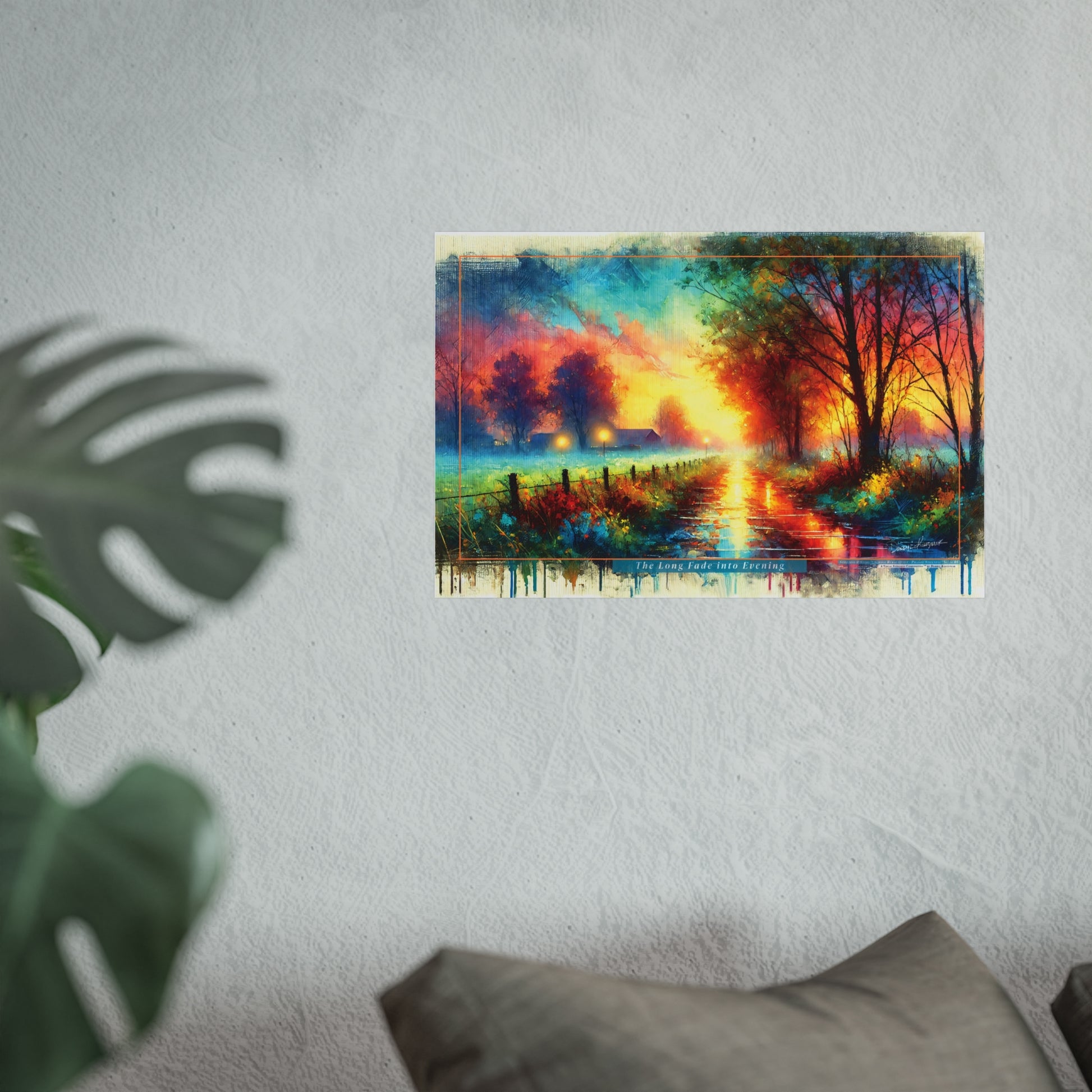 Colorful landscape painting on a wall with a plant and pillow in the foreground.