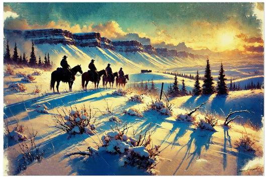 Painting of a snowy landscape with cowboys on horseback and mountains in the background