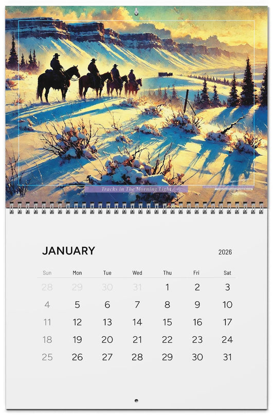 Calendar for January with a winter scene of horses and people on a snowy landscape.